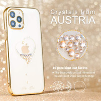 Луксозен твърд гръб оригинален KINGXBAR кристално прозрачен с камъни за Apple iPhone 12 6.1 / Apple iPhone 12 Pro 6.1 сърце със златен кант 